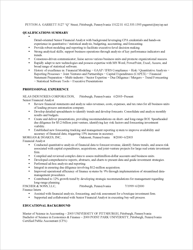 Financial Analyst Job Resume Sample