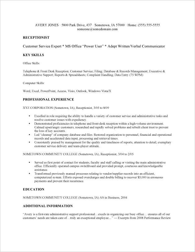Resume to apply for receptionist