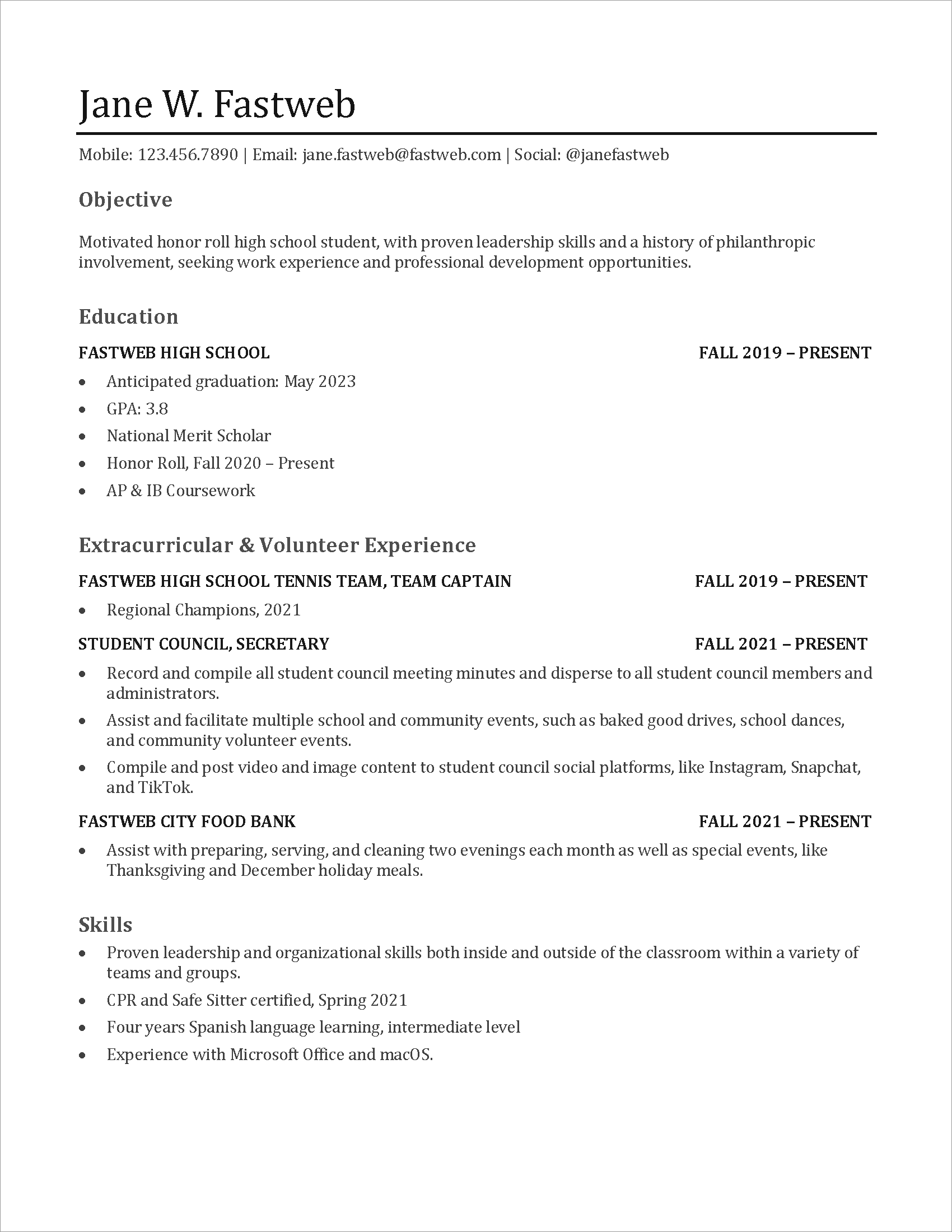 student first job resume sample