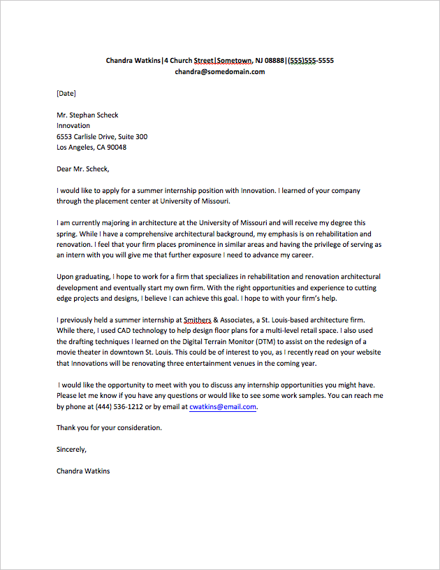 sample application letter for an internship