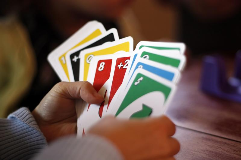 Cards Uno Hand Card Game Company Friends Playing Uno Stock Photo